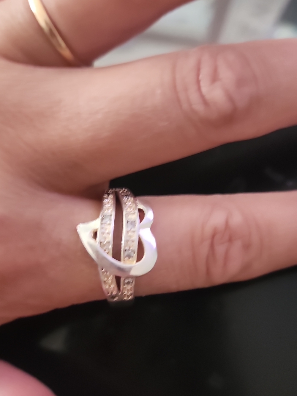Silver and Gold Two-Tone Heart Ring with Pave Accents - Women Jewelry